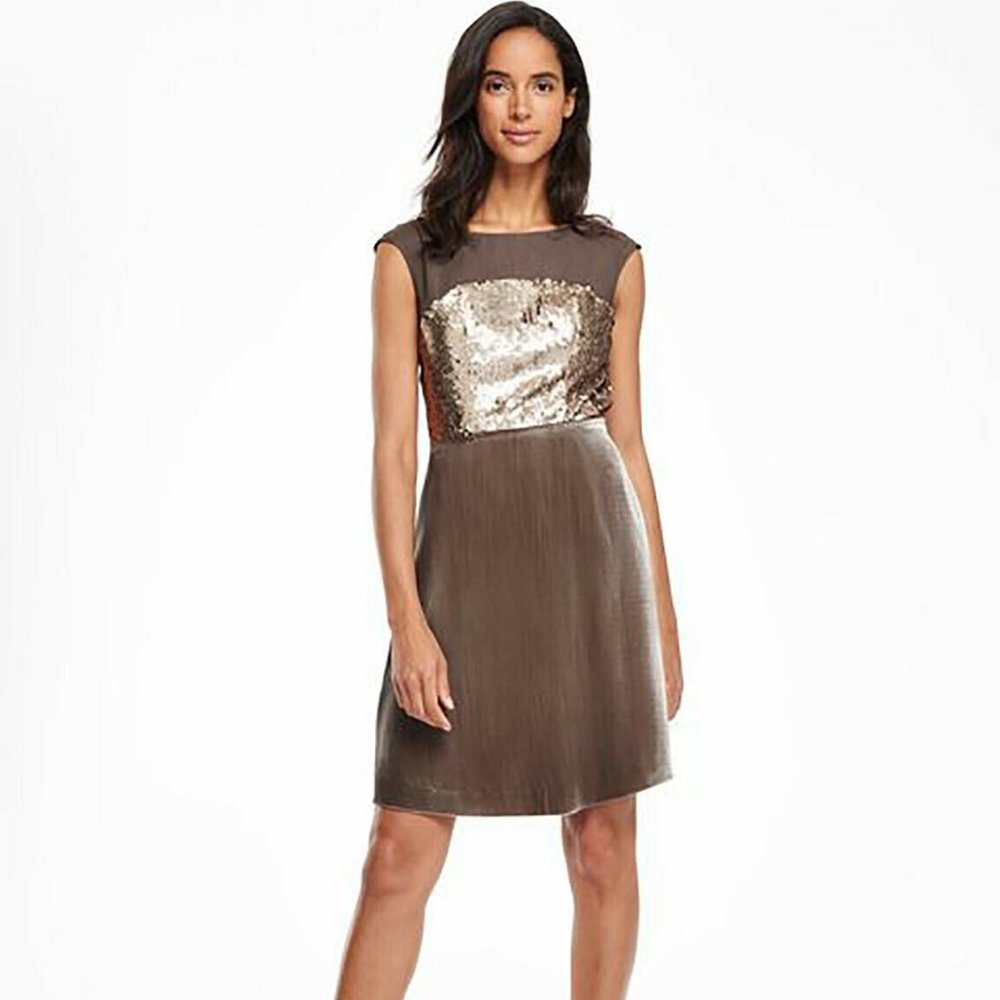 BODEN 6 Velvet Silk Sequin Dress Taupe Pewter
